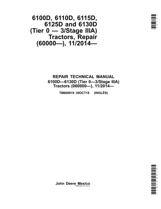 John Deere 6100D, 6110D, 6115D, 6125D, 6130D, 6140D Tractors Repair Manual Workshop Guide