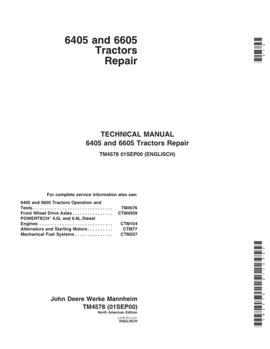 John Deere 6405, 6605 Tractors Service Repair Manual Workshop Guide