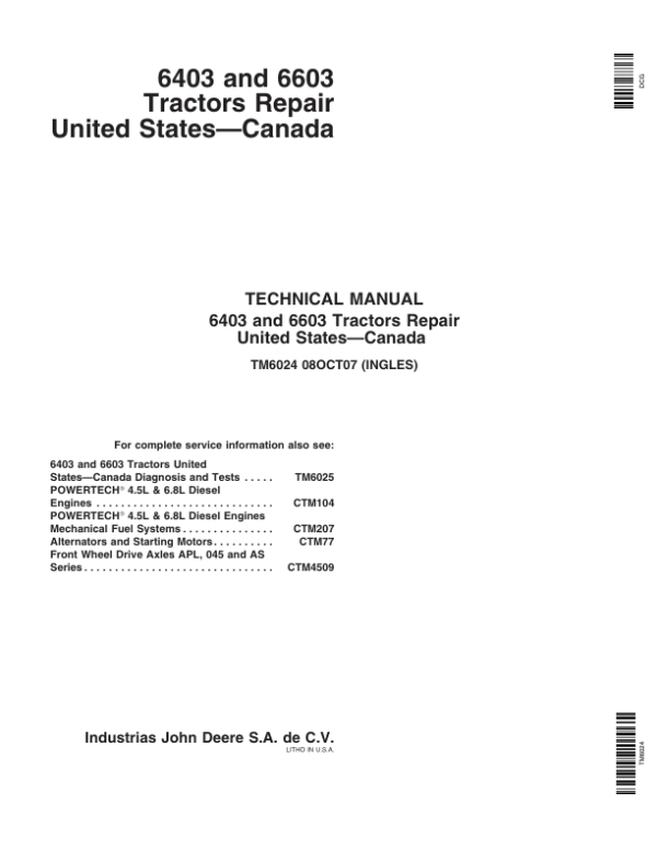 John Deere 6403, 6603 Tractors Service Repair Manual Workshop Guide