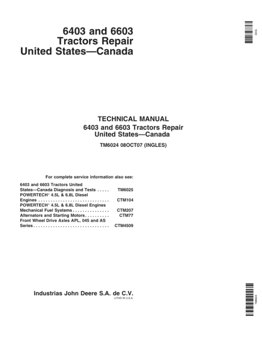 John Deere 6403, 6603 Tractors Service Repair Manual Workshop Guide