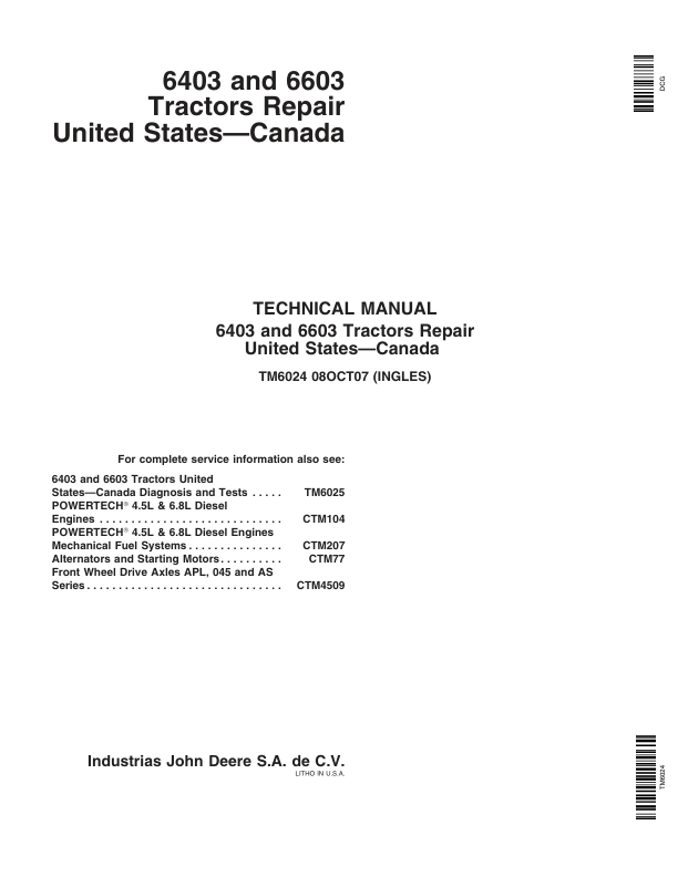 John Deere 6403, 6603 Tractors Service Repair Manual Workshop Guide