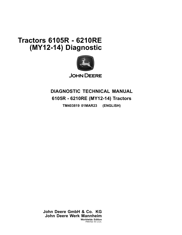 John Deere 6105R, 6115R, 6125R, 6130R Tractors Service Repair Manual Workshop Guide