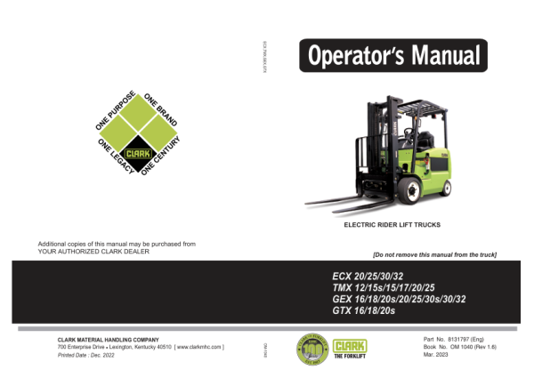 Clark GEX16, GTX16, GEX18, GTX18, GEX20S, GTX20S Forklift Service Repair Manual Workshop Guide