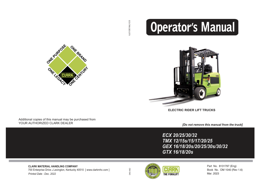 Clark GEX16, GTX16, GEX18, GTX18, GEX20S, GTX20S Forklift Service Repair Manual Workshop Guide