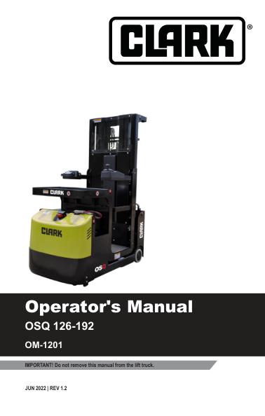 Clark OSQ 126, OSQ 162, OSQ 192 Lift Truck Service Repair Manual Workshop Guide