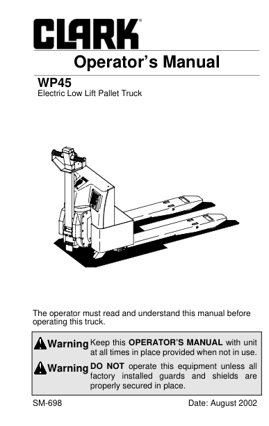 Clark EWP45 Electric Low-Lift Pallet Trucks Service Repair Manual Workshop Guide