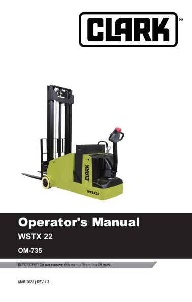 Clark WSTX22 Lift Truck Service Repair Manual Workshop Guide