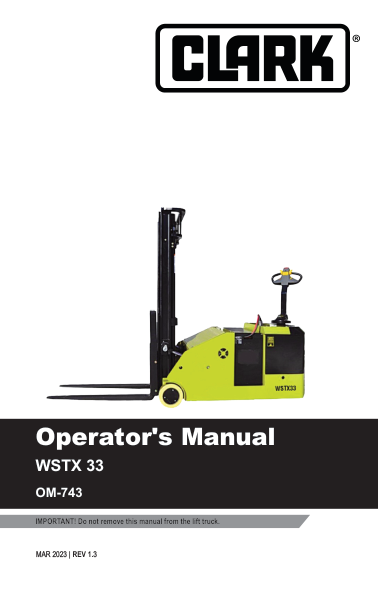 Clark WSTX33 Lift Truck Service Repair Manual Workshop Guide