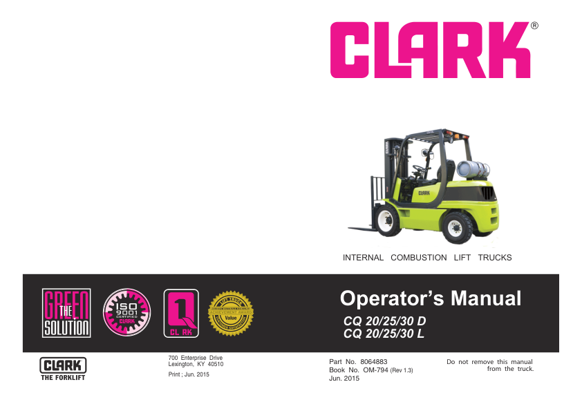 Clark CQ20D, CQ25D, CQ30D, CQ20L, CQ25L, CQ30L Forklift Service Repair Manual Workshop Guide