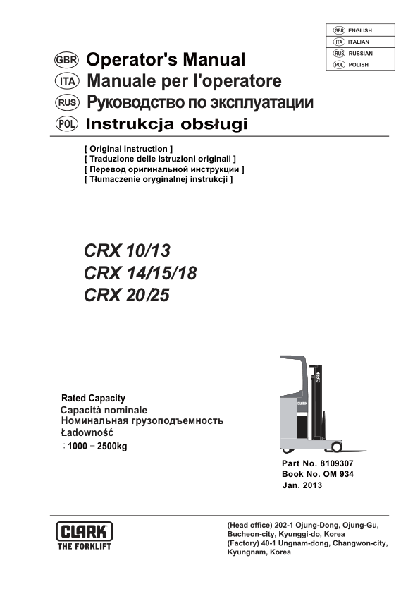 Clark CRX10, CRX13, CRX14, CRX15, CRX18, CRX20, CRX25 Lift Truck Service Repair Manual Workshop Guide