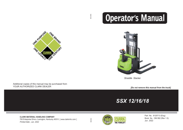 Clark SSX12, SSX16, SSX18 Straddle Stacker Service Repair Manual Workshop Guide
