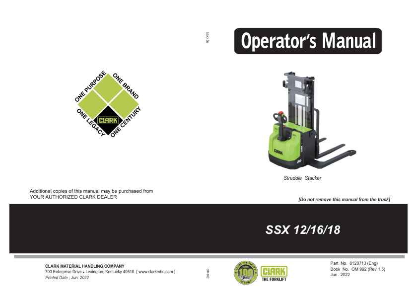 Clark SSX12, SSX16, SSX18 Straddle Stacker Service Repair Manual Workshop Guide