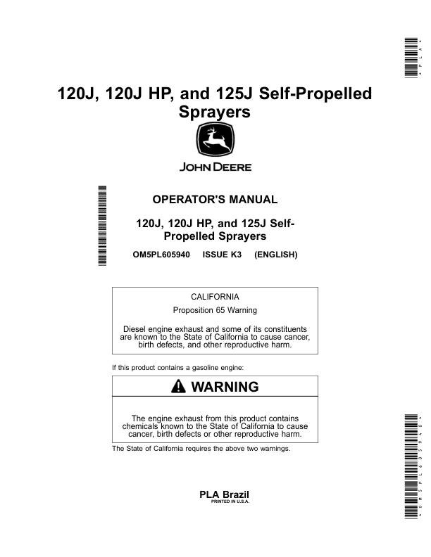 John Deere 120J, 120J HP, 125J Self-Propelled Sprayers Operator’s Manual (OM5PL605940) Workshop Guide