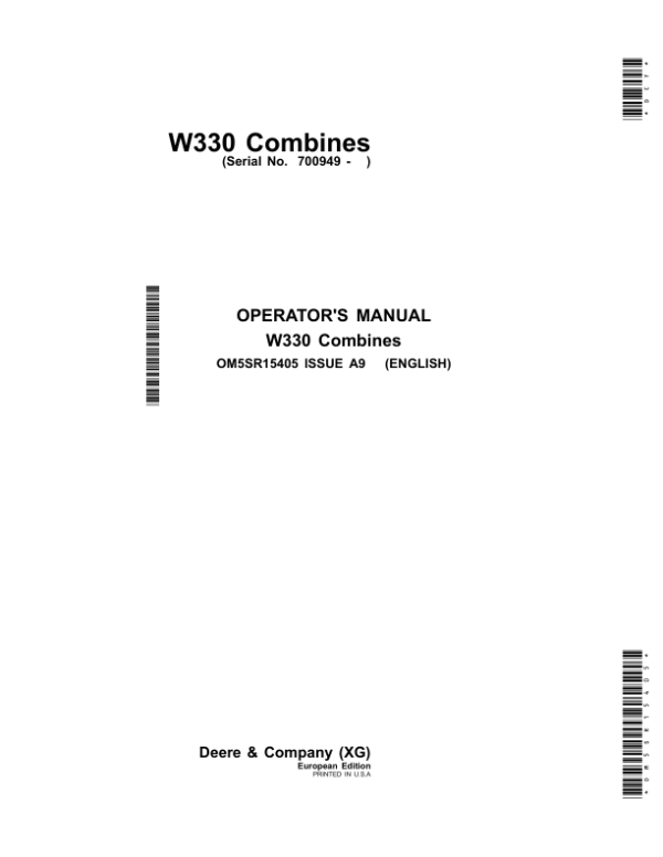 John Deere W330 Combines Operator’s Manual (OM5SR15405) Workshop Guide