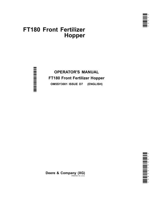John Deere FT180 Front Fertilizer Hopper Operator’s Manual (OM5SY3001) Workshop Guide