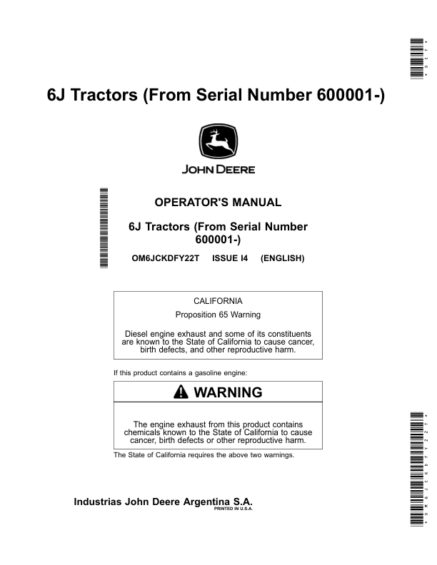 John Deere 6J Tractors (From Serial Number 600001-) Operator’s Manual (OM6JCKDFY22T) Workshop Guide