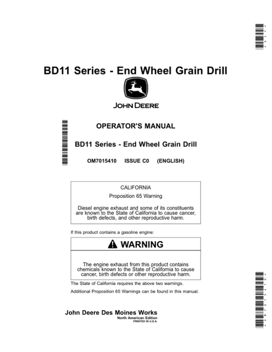 John Deere BD1108, BD1110, BD1113 (BD11 Series) – End Wheel Grain Drill Operator’s Manual (OM7015410) Workshop Guide
