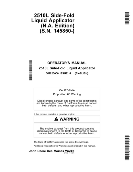 John Deere 2510L Side-Fold Liquid Applicator North America (145850-) Operator’s Manual (OM820000) Workshop Guide