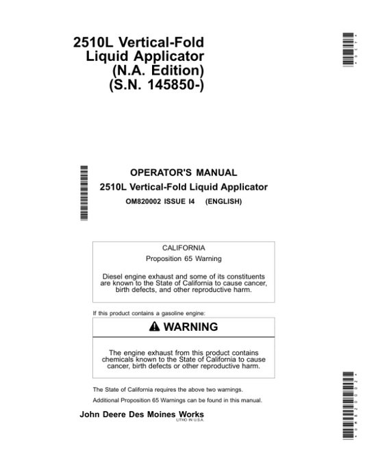 John Deere 2510L Vertical-Fold Liquid Applicator (145850-) Operator’s Manual (OM820002) Workshop Guide