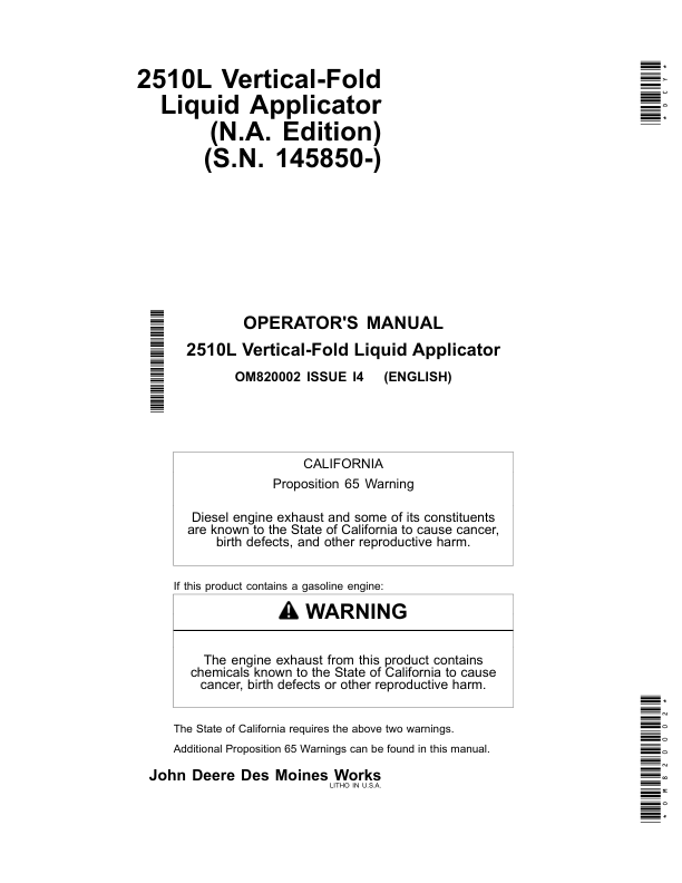 John Deere 2510L Vertical-Fold Liquid Applicator (145850-) Operator’s Manual (OM820002) Workshop Guide