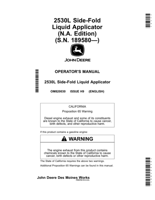 John Deere 2530L Side-FoldLiquid Applicator Operator’s Manual (OM820030) Workshop Guide