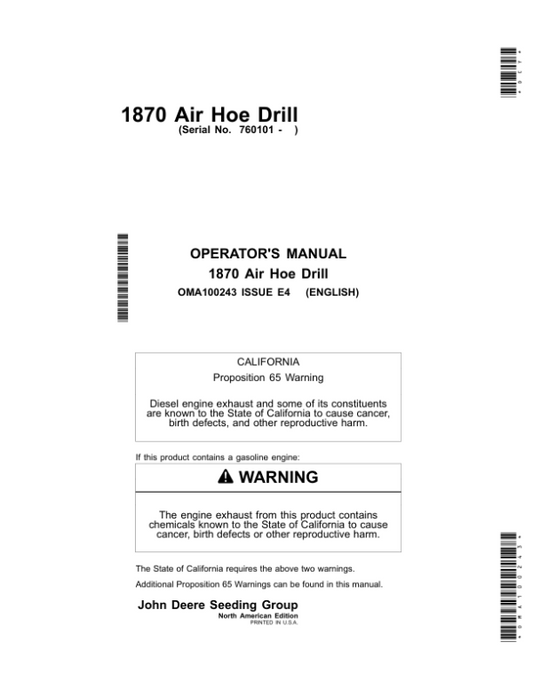 John Deere 1870 Air Hoe Drill North America (760101-765100) Operator’s Manual (OMA100243) Workshop Guide