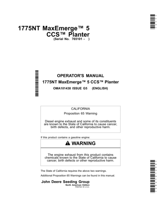 John Deere 1775NT MaxEmerge 5 CCS Planters (765101-770100) (North American) Operator’s Manual (OMA101438) Workshop Guide