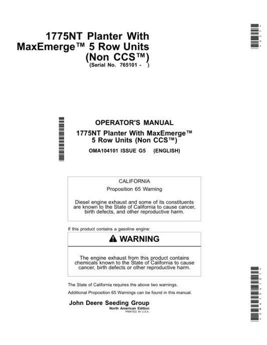 John Deere 1775NT MaxEmerge 5 Planters (Non-CCS) (765101-770100) (North American) Operator’s Manual (OMA104101) Workshop Guide