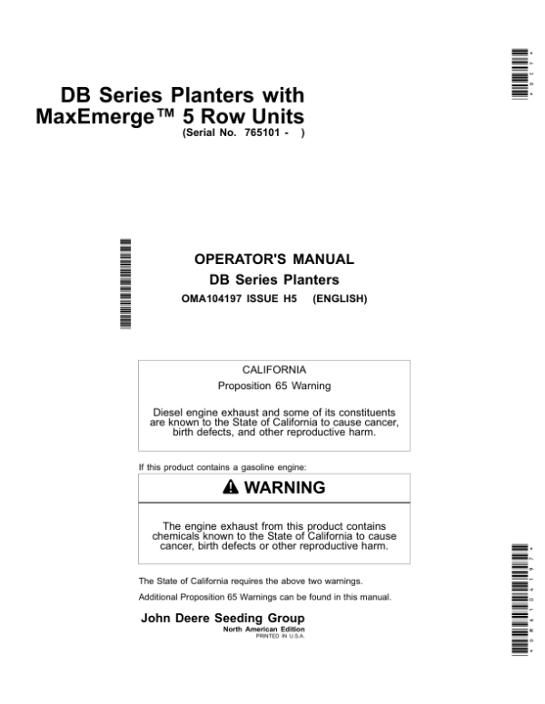 John Deere DB Series Planterswith MaxEmerge 5 Row Units North America (765101- ) Operator’s Manual (OMA104197) Workshop Guide