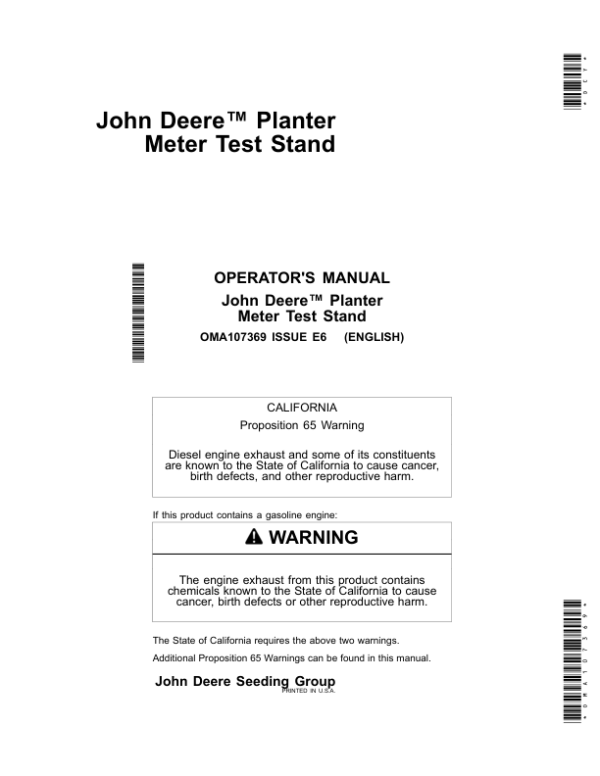 John Deere Planter Meter Test Stand (North American) Operator’s Manual (OMA107369) Workshop Guide