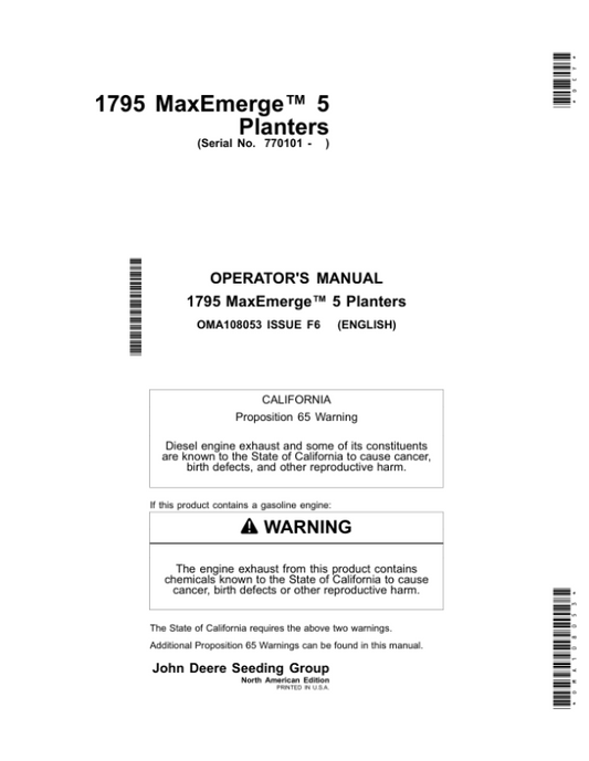 John Deere 1795 MaxEmerge 5 Planters (North American) Operator’s Manual (OMA108053) Workshop Guide