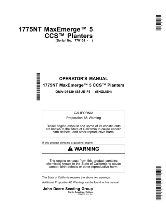 John Deere 1775NT MaxEmerge 5 CCS Planters (770101-775100) (North American) Operator’s Manual (OMA108129) Workshop Guide