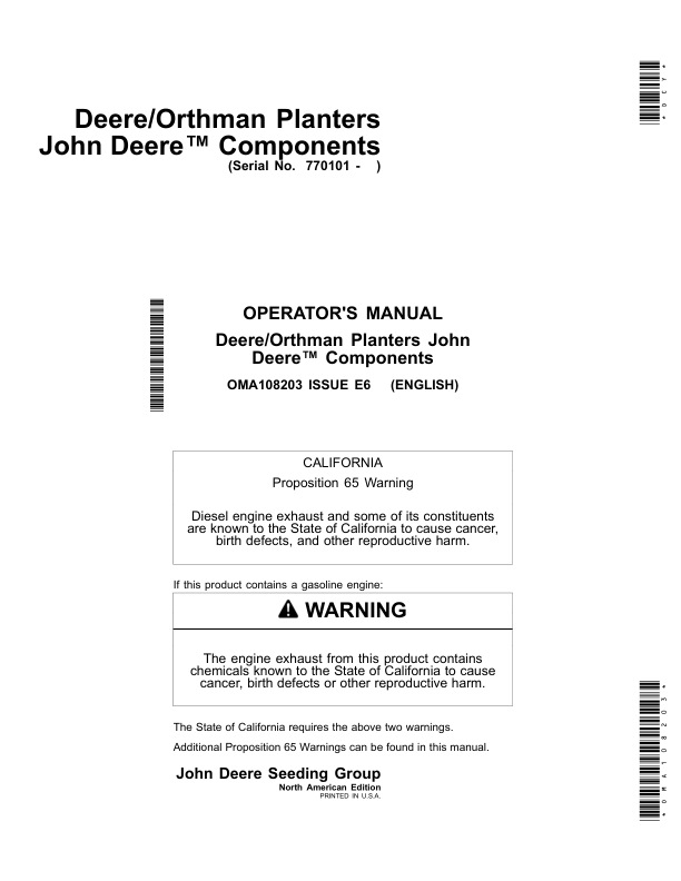 John Deere Deere/Orthman Planters – Components (North American) Operator’s Manual (OMA108203) Workshop Guide