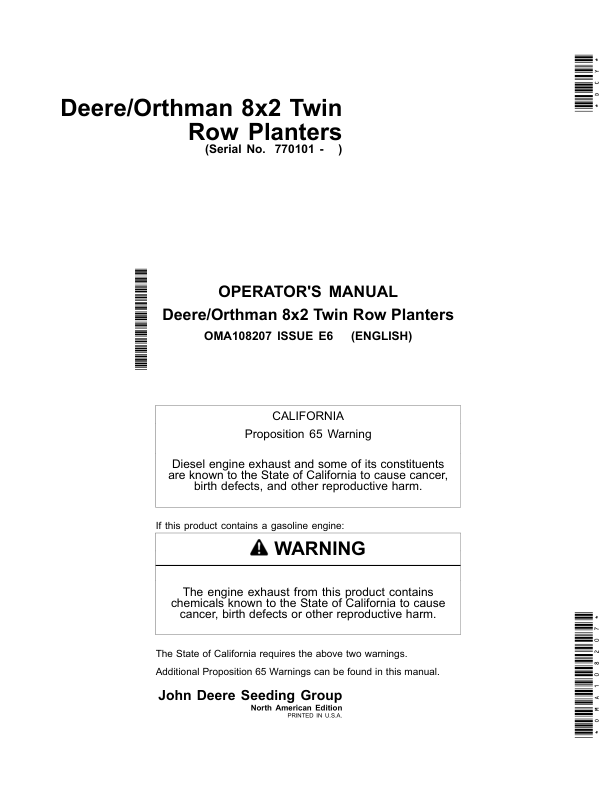 John Deere Deere/Orthman 8×2 Twin-Row Planters (North American) Operator’s Manual (OMA108207) Workshop Guide