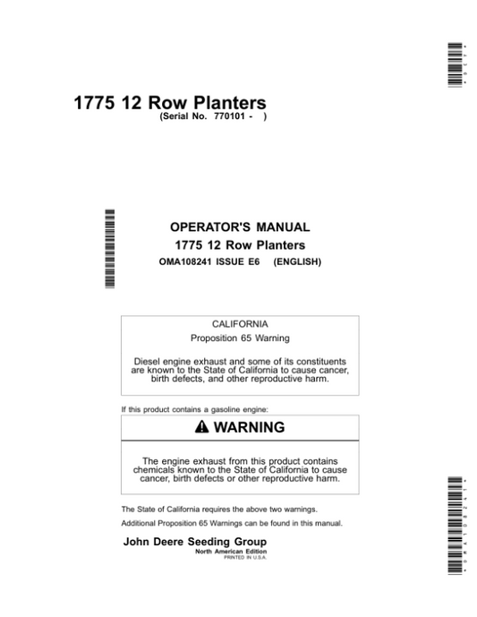John Deere 1775 12-Row Planters (North American) Operator’s Manual (OMA108241) Workshop Guide