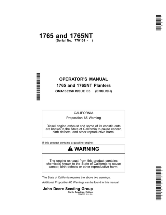 John Deere 1765 & 1765NT Planters (North American) Operator’s Manual (OMA108250) Workshop Guide