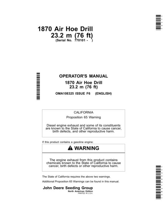 John Deere 1870 Air Hoe Drill 23.2 m (76 ft) (North American) Operator’s Manual (OMA108325) Workshop Guide
