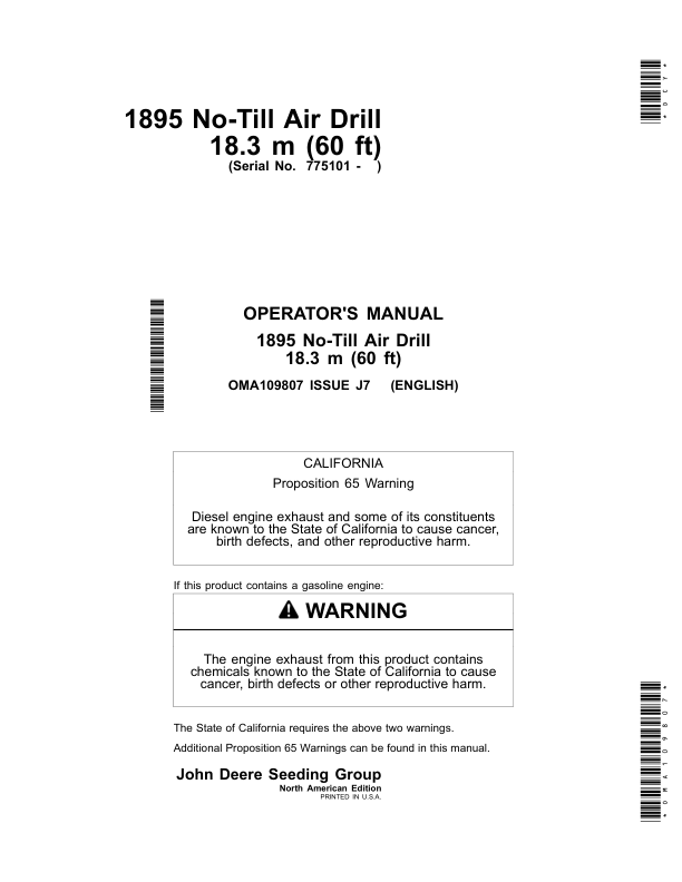 John Deere 1895 No-Till Air Drills 18.3 m (60 ft) Operator’s Manual (OMA109807) Workshop Guide