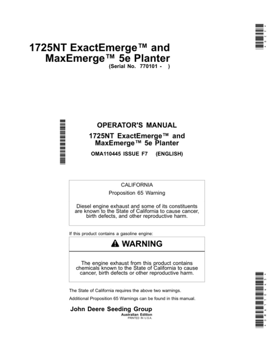 John Deere 1725NT ExactEmerge, MaxEmerge 5e Planters (770101-775100) (Australia) Operator’s Manual (OMA110445) Workshop Guide