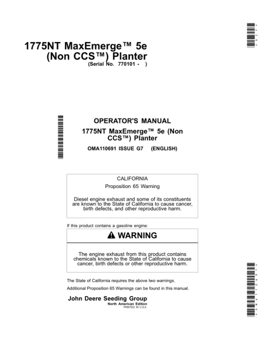 John Deere 1775NT MaxEmerge 5e (Non CCS) Planters (770101-775100) (North American) Operator’s Manual (OMA110691) Workshop Guide