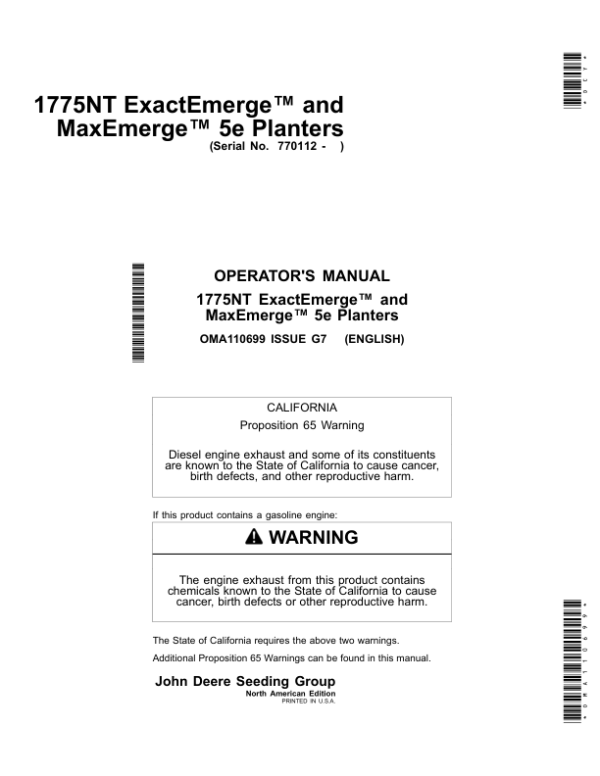 John Deere 1775NT ExactEmerge & MaxEmerge 5e Planters (770101-775100) North America Operator’s Manual (OMA110699) Workshop Guide