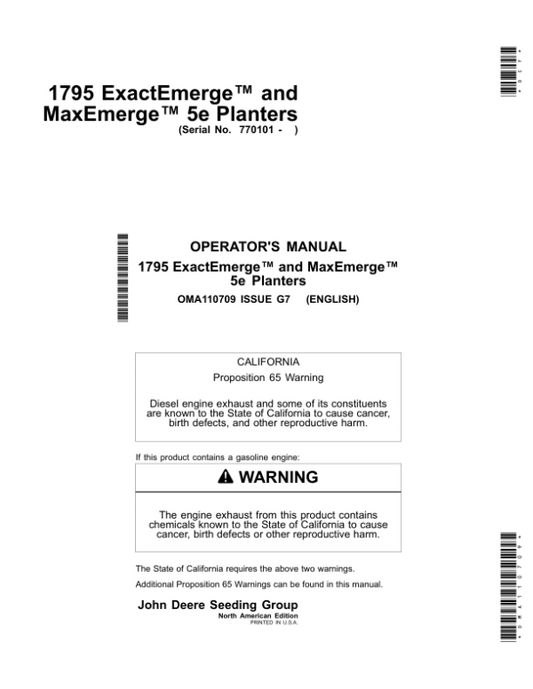 John Deere 1795 ExactEmerge & MaxEmerge 5e Planters Operator’s Manual (OMA110709) Workshop Guide