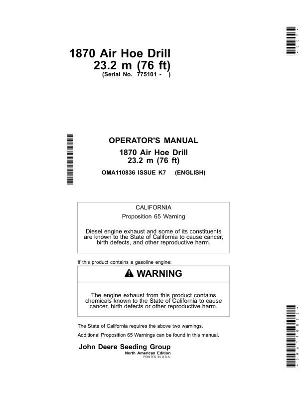 John Deere 1870 Air Hoe Drills 23.2 m (76 ft) Operator’s Manual (OMA110836) Workshop Guide