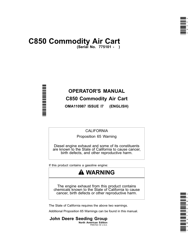 John Deere C850 Commodity Air Carts Operator’s Manual (OMA110987) Workshop Guide