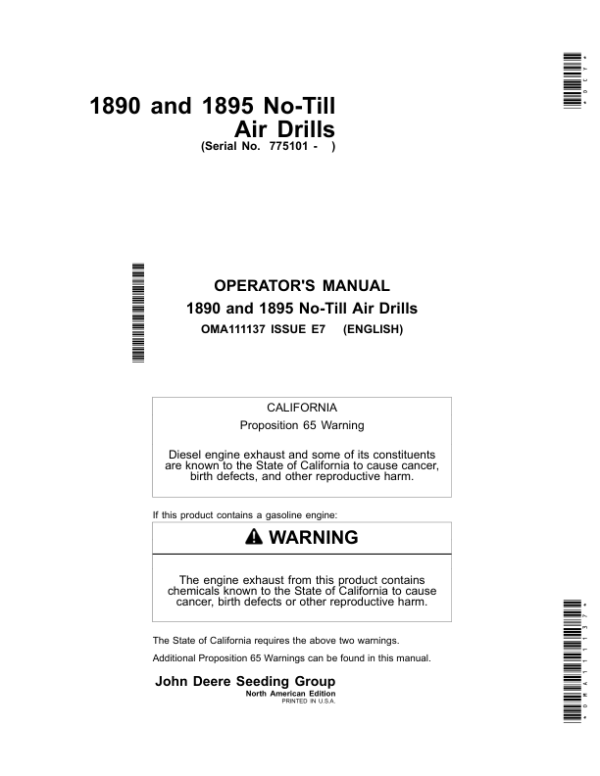 John Deere 1890 & 1895 SFP No-Till Air Drills Operator’s Manual (OMA111137) Workshop Guide