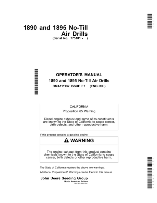 John Deere 1890 & 1895 SFP No-Till Air Drills Operator’s Manual (OMA111137) Workshop Guide