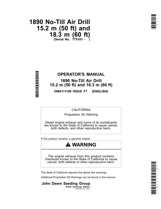 John Deere 1890 No-Till Air Drill 15.2 m (50ft) & 18.3 m (60 ft) Operator’s Manual (OMA111169) Workshop Guide