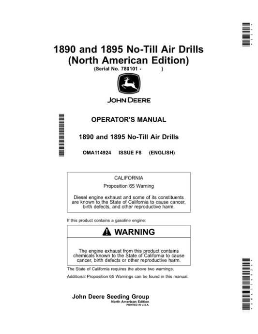 John Deere 1890 & 1895 No-Till Air Drills Operator’s Manual (OMA114924) Workshop Guide
