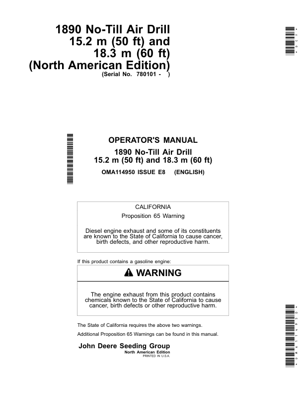 John Deere 1890 No-Till Air Drills 15.2 m (50ft) & 18.3 m (60 ft) Operator’s Manual (OMA114950) Workshop Guide