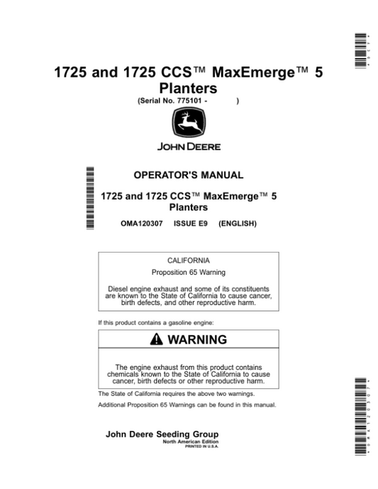 John Deere 1725 MaxEmerge 5, 1725 CCS MaxEmerge 5 Planters Operator’s Manual (OMA120307) Workshop Guide